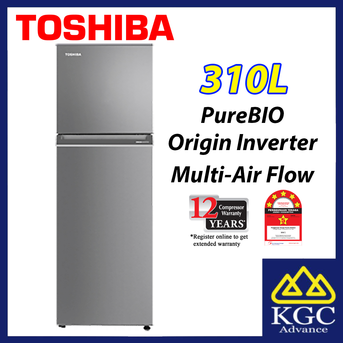 Toshiba 310L Inverter Refrigerator GRRT320WEPMY(SS) 2 DOORS Fridge